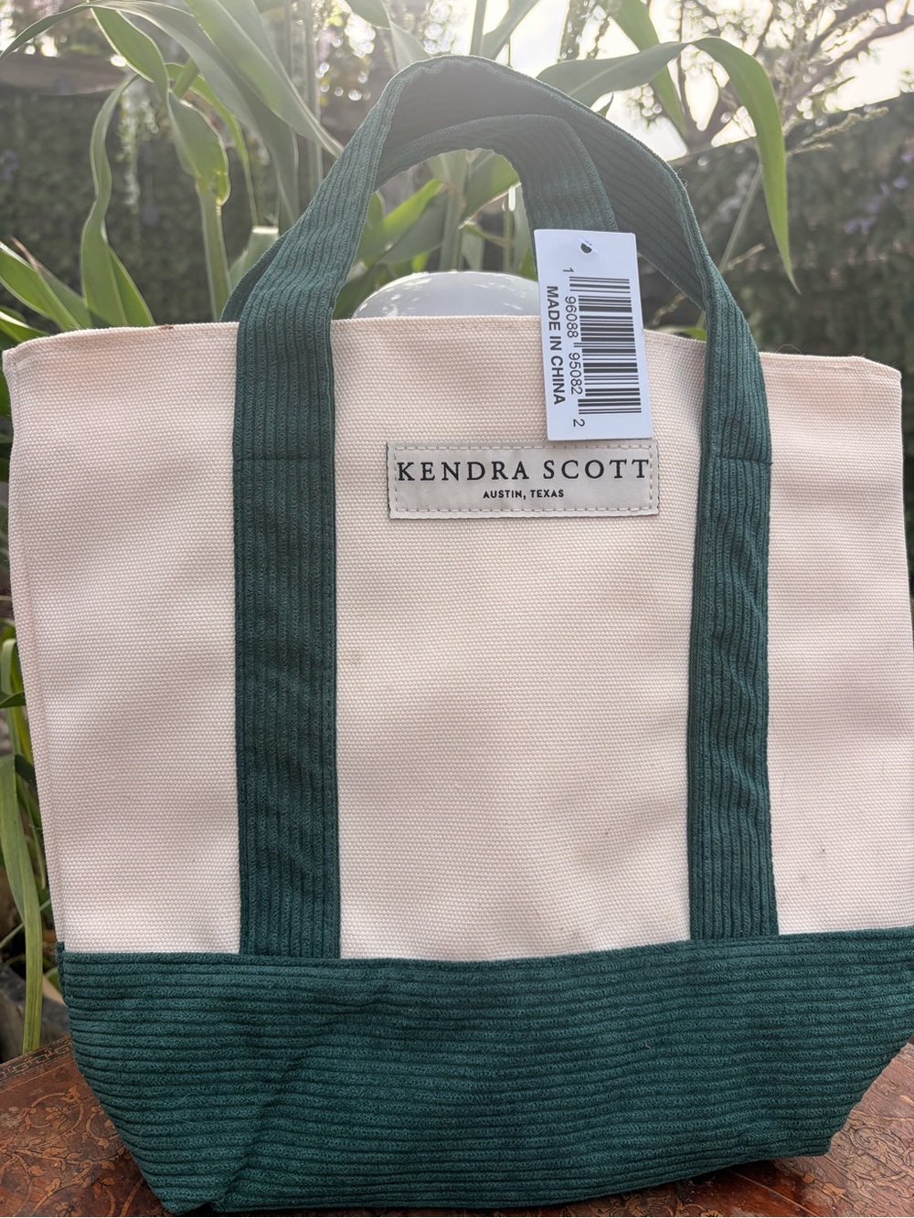 Kendra Scott Cream Canvas Tote with Dark Green Accents